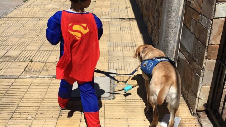 Niño con perro de asistencia